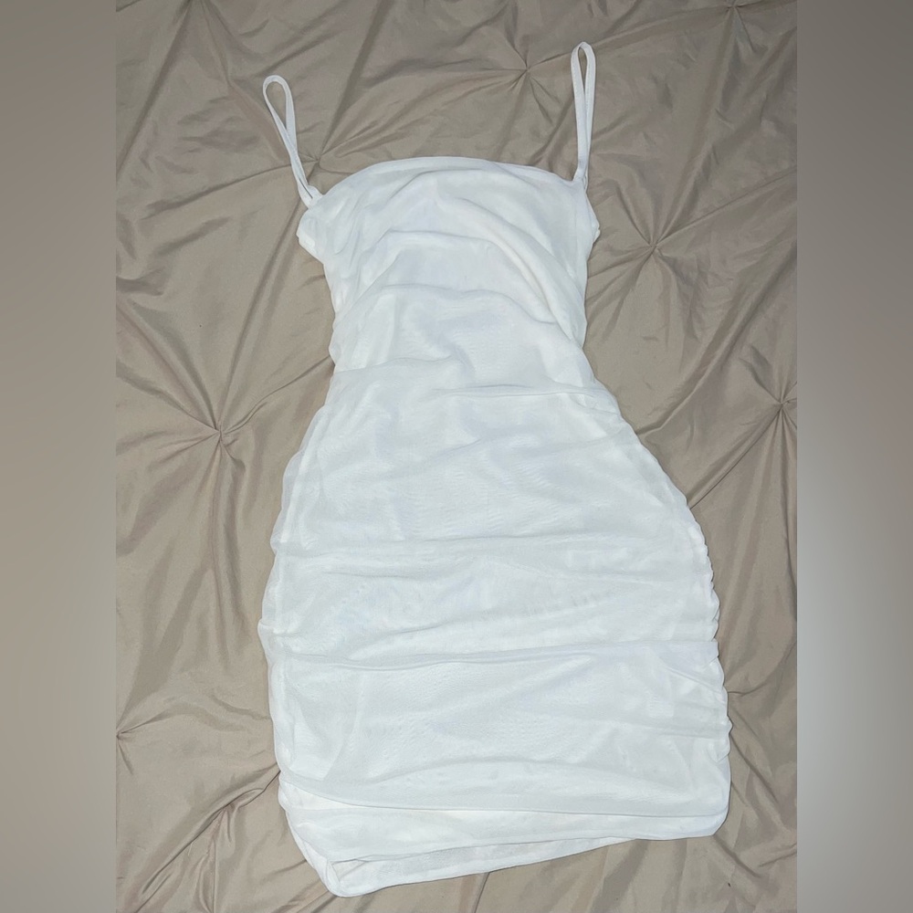 White Ruched Spaghetti Strap Bodycon Dress